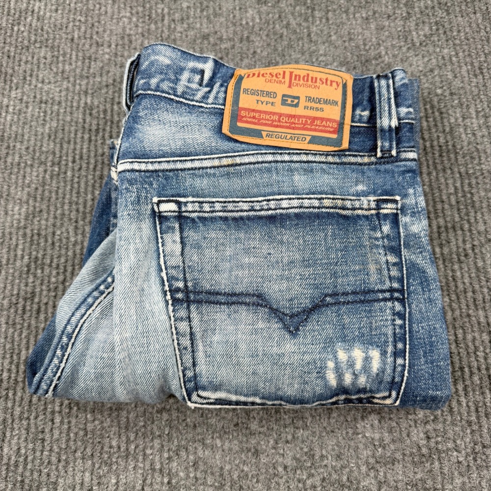 Diesel Kratt Jeans Mens 34 Blue Distressed Straight Leg Button Fly Whiskring